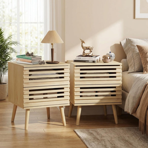 Boho Nightstand Set of 2 with Hollowed-Out Drawers
