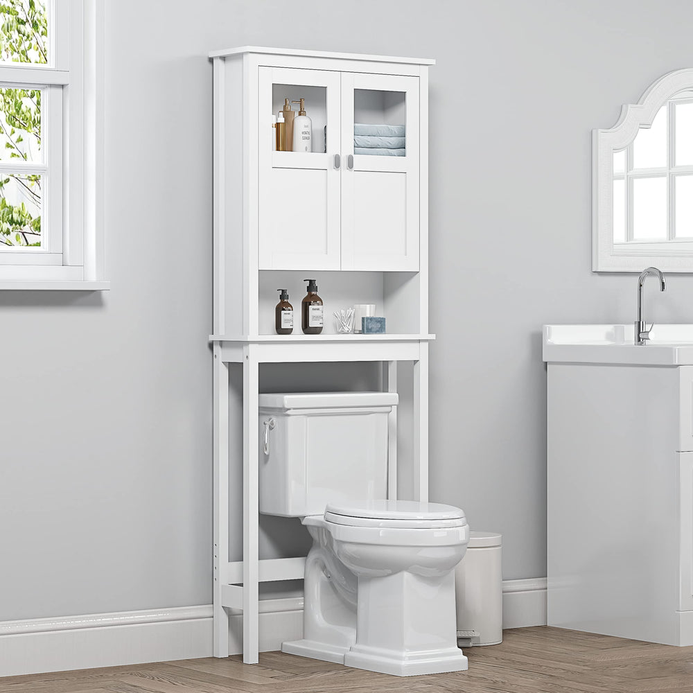 Over-Toilet Bathroom Storage Cabinet with Glass Doors & Adjustable Shelves