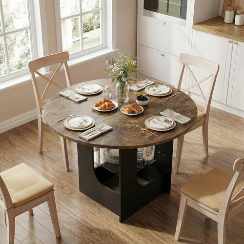 Extendable Round to Oval Dining Table with LED Light & Storage