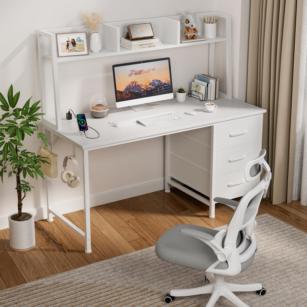 47 Inch Computer Desk with Hutch, Drawers & Power Outlets