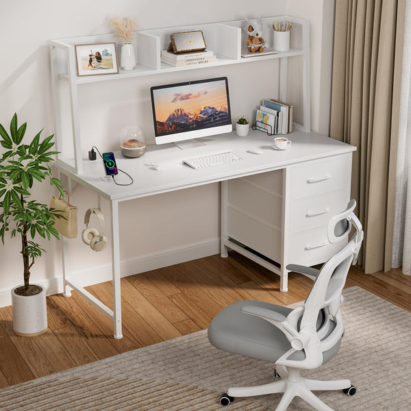 47 Inch Computer Desk with Hutch, Drawers & Power Outlets