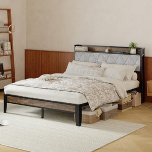Queen Bed Frame with Storage Headboard & USB Charging