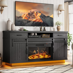 Farmhouse Fireplace TV Stand with LED Light & Sliding Barn Door