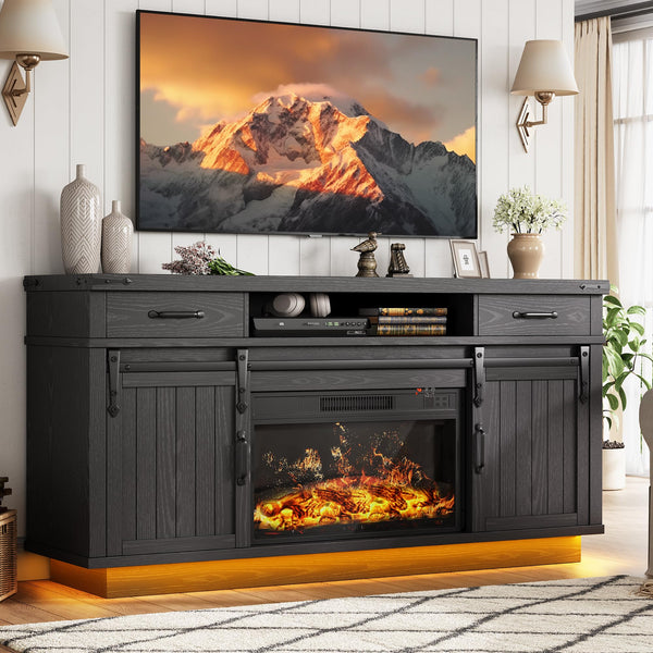 Farmhouse Fireplace TV Stand with LED Light & Sliding Barn Door