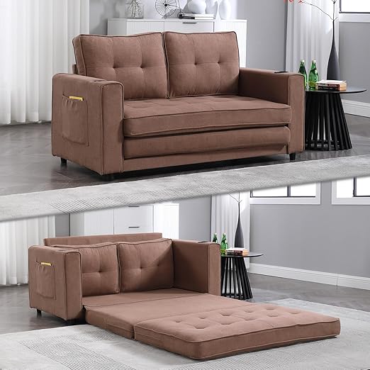 55" Convertible Loveseat Sofa Bed with Side Pockets & Cup Holder