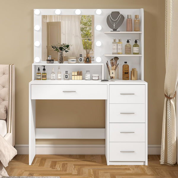 Makeup Vanity Desk with Mirror & Lights, 5 Drawers