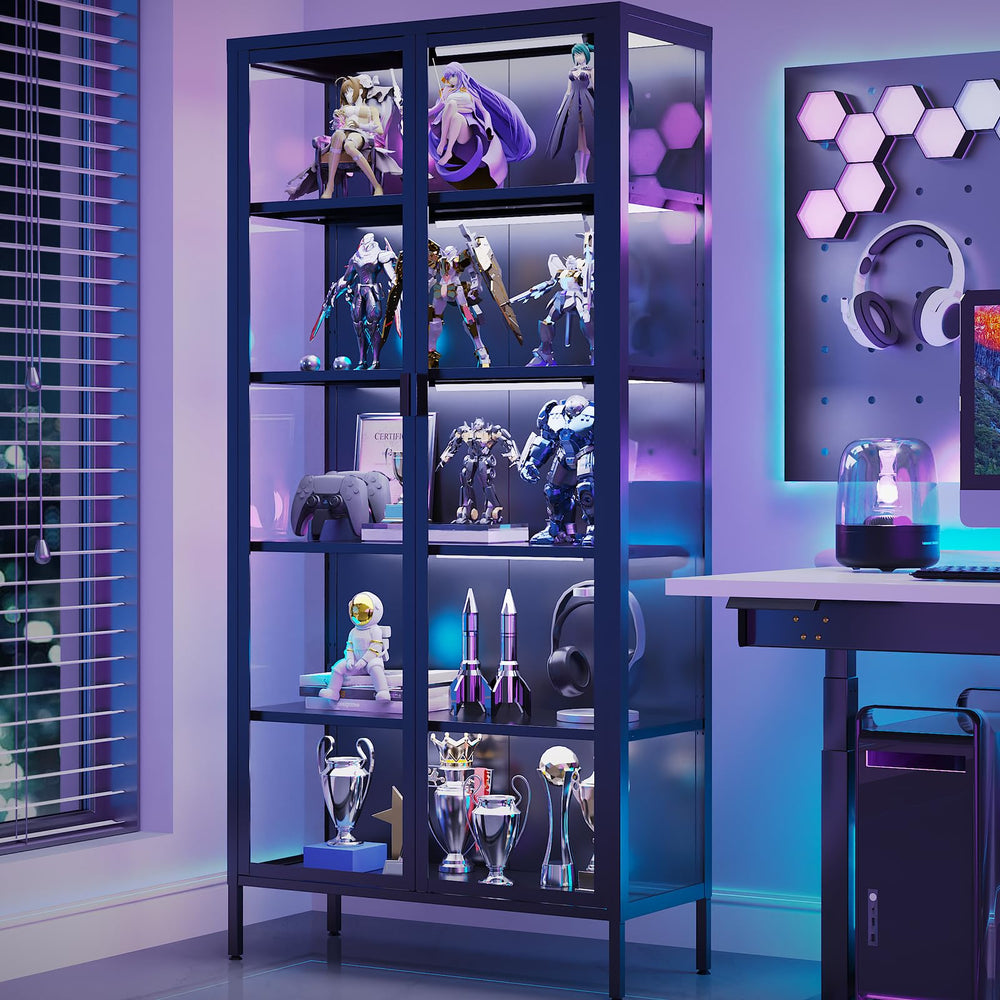 Glass Display Cabinet with LED Sensor Light, 5-Tier Curio Cabinet with Adjustable Shelves