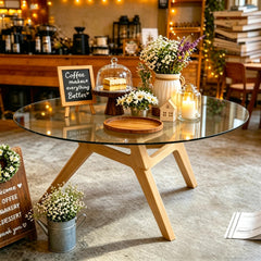 Round Glass Coffee Table with Wood Frame