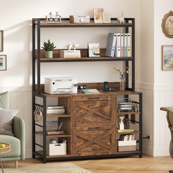 2-Drawer File Cabinet with Lock, Power Strip & Open Shelves