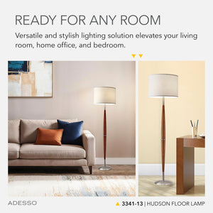 Floor Lamp with Wood Pole, Drum Shade & 3-Way Dimmer, 61"H