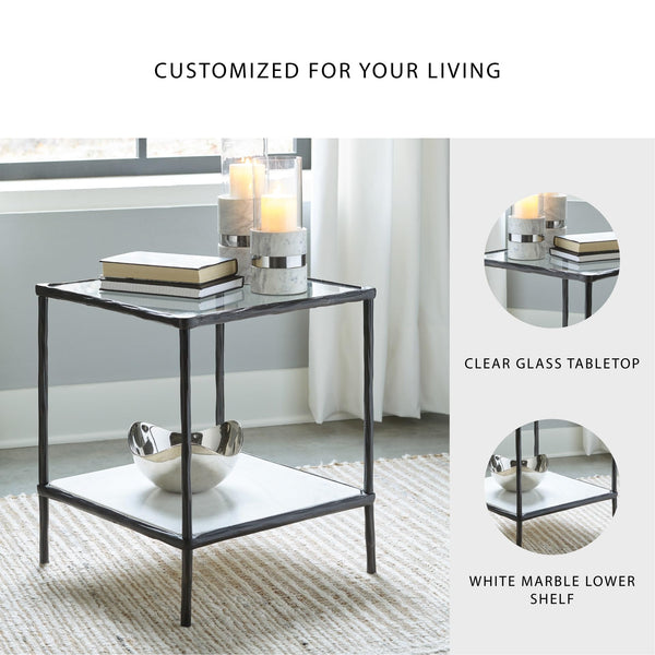 Glass Top Metal Accent Side Table with Marble Shelf