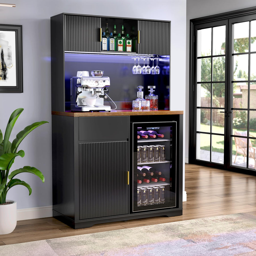 72" Tall Bar Cabinet with Fridge Space, Fluted Hutch, LED Light & Power Outlet