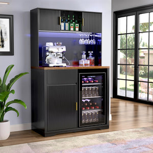 72" Tall Bar Cabinet with Fridge Space, Fluted Hutch, LED Light & Power Outlet