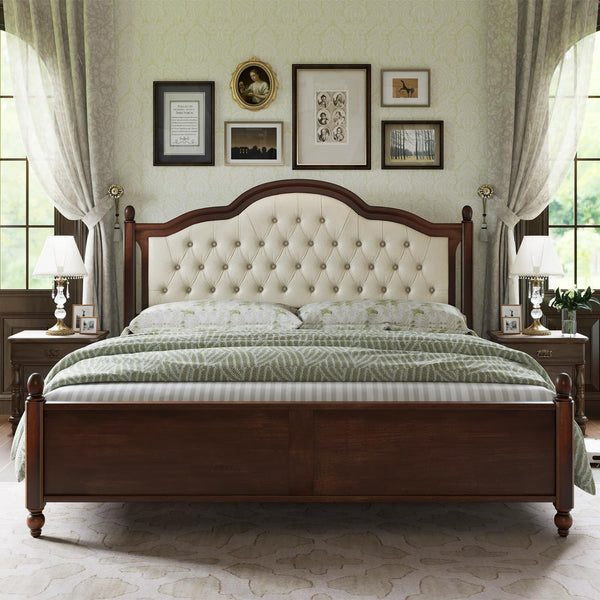 King Size Solid Wood Platform Bed with Upholstered Headboard – Walnut