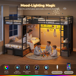 L-Shaped Triple Bunk Bed Twin over Twin with Storage & LED Lights