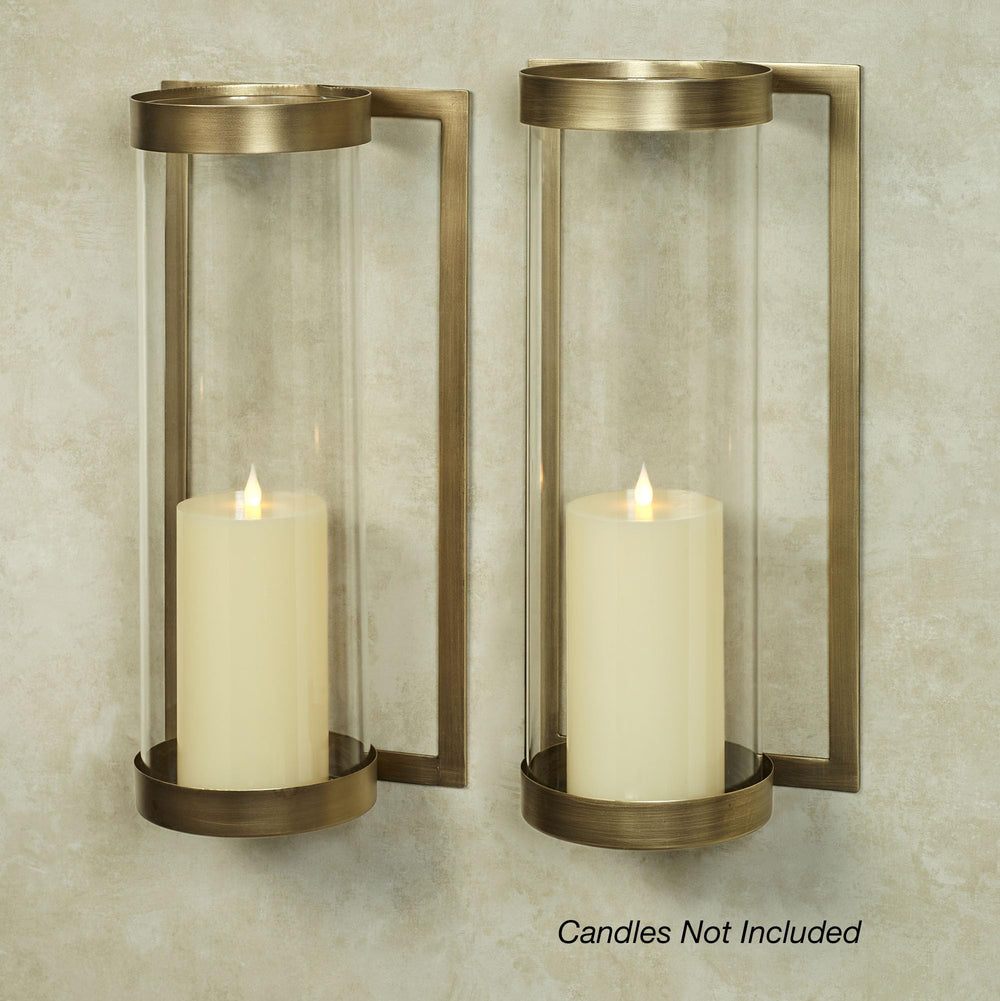 Satin Brass Metal Wall Sconce Pair with Glass Hurricane Candleholders