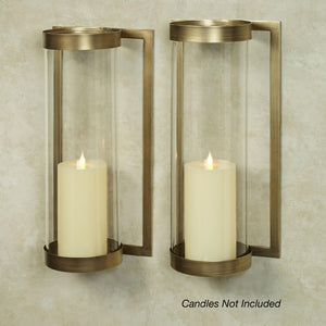 Satin Brass Metal Wall Sconce Pair with Glass Hurricane Candleholders