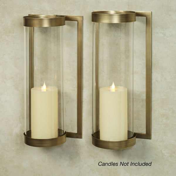 Satin Brass Metal Wall Sconce Pair with Glass Hurricane Candleholders