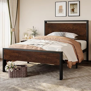 Metal Platform Bed Frame with Wooden Headboard & Footboard