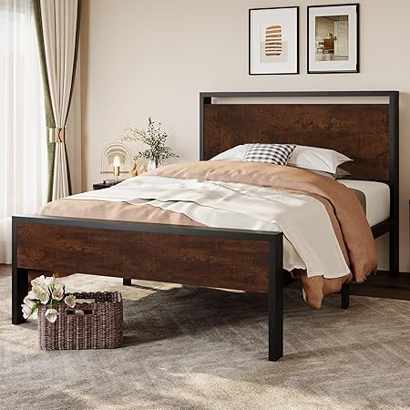Metal Platform Bed Frame with Wooden Headboard & Footboard