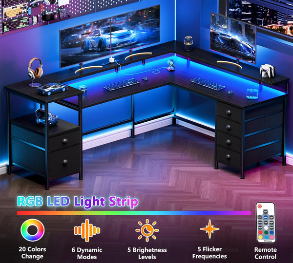 L-Shaped Gaming Desk with 6 Drawers, Monitor Stand & Power Outlets