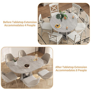43.3''-59'' Round Extendable Dining Table for 4-6, Modern Kitchen Extendable Dining Room Table with 2-Tier Storage Shelves, Round Oval Dinner Table with Storage for Kitchen Living Room