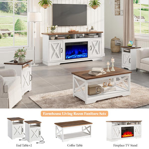5-Piece Farmhouse Living Room Table Set with Electric Fireplace