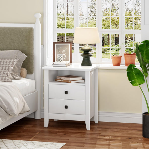 Farmhouse Nightstand Set of 2 with 2 Drawers and Open Shelf