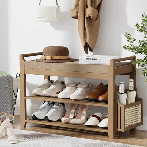 Bamboo Entryway Shoe Bench with Cushion and Side Holder