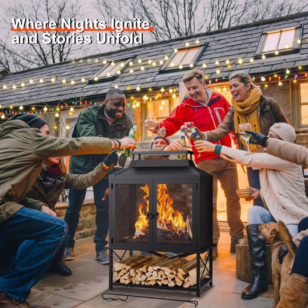 Square Chiminea Outdoor Wood Burning Fire Pit with Grill