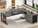 L-Shaped Executive Desk with Rolling File Cabinet & Power Outlets