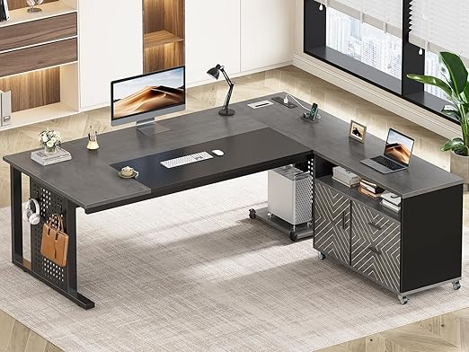 L-Shaped Executive Desk with Rolling File Cabinet, Power Outlets, CPU Stand & Pegboard