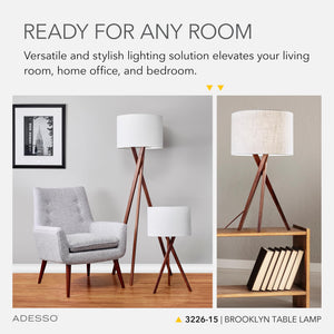Walnut Tripod Table Lamp with White Linen Shade