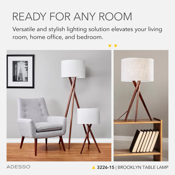 Walnut Tripod Table Lamp with White Linen Shade