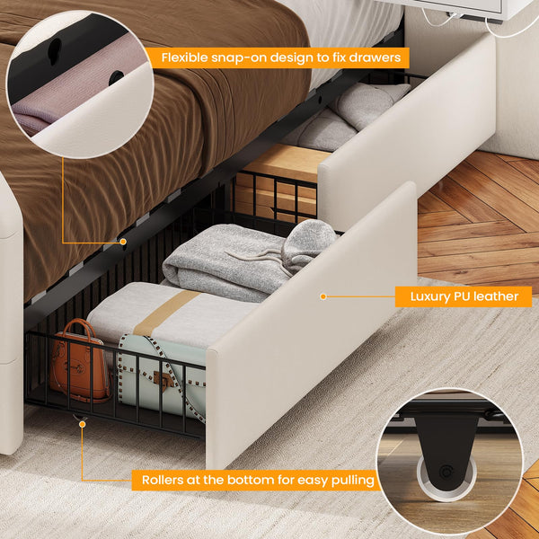 Queen Bed Frame with Storage Drawers, LED & Nightstands