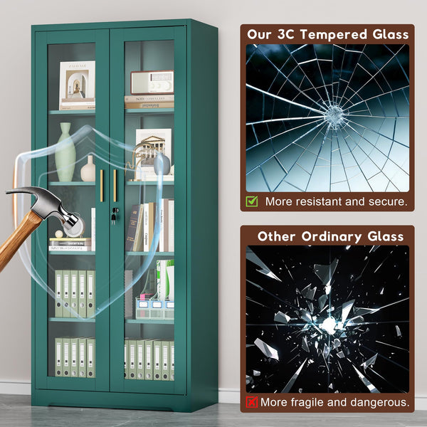 Metal Glass Display Cabinet with Lockable Doors & Adjustable Shelves