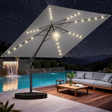 10 ft Square Cantilever Patio Umbrella with Solar Lights & Base