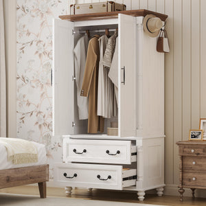 Farmhouse Armoire Wardrobe with 2 Doors & 2 Drawers – Freestanding Bedroom Closet Cabinet