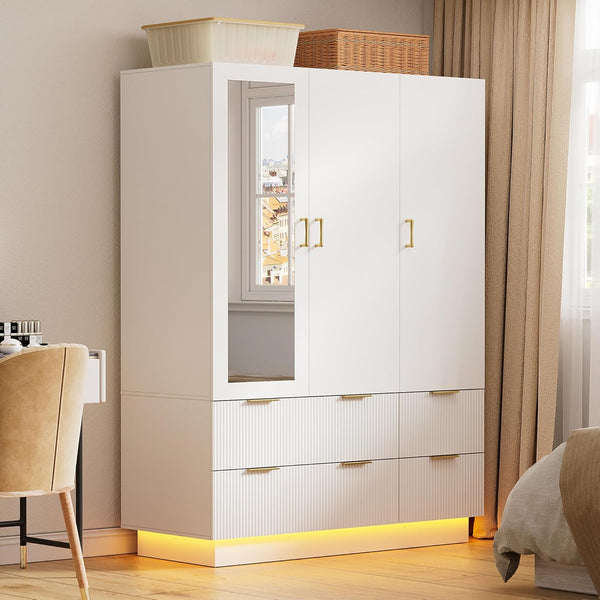 3-Door Wardrobe Armoire with Mirror, LED Lights & Drawers