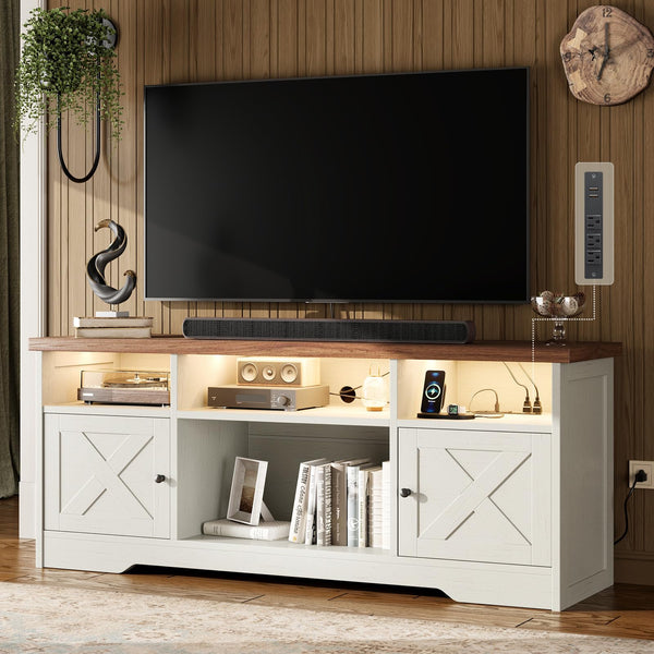 65-Inch Farmhouse TV Stand with LED Lights, Power Outlet & Storage Cabinets