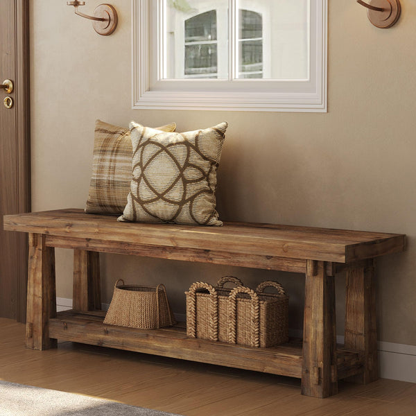 55" Solid Wood Entryway Bench with Shoe Storage