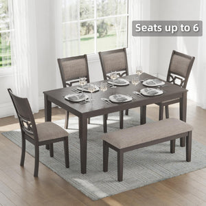 6-Piece Transitional Dining Table Set with Bench and Upholstered Chairs, Seats 6