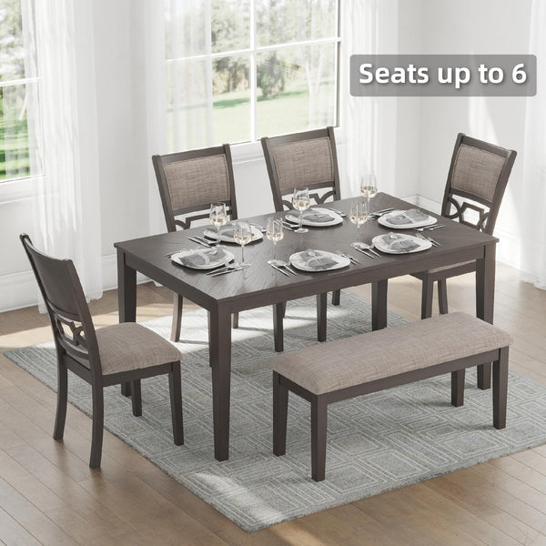 6-Piece Transitional Dining Table Set with Bench and Upholstered Chairs, Seats 6
