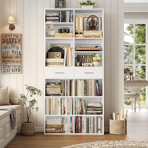 Tall Bookshelf with Drawers – 7-Tier Double Wide Bookcase