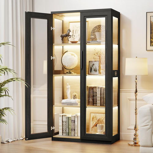 Glass Door Display Cabinet with LED Lights and 4 Shelves
