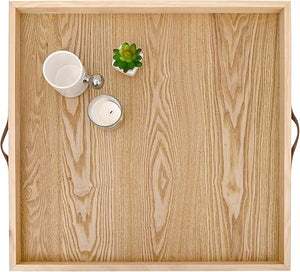 24x24 Square Wood Ottoman Tray with Leather Handles
