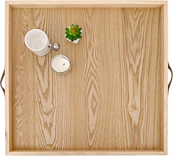 24x24 Square Wood Ottoman Tray with Leather Handles