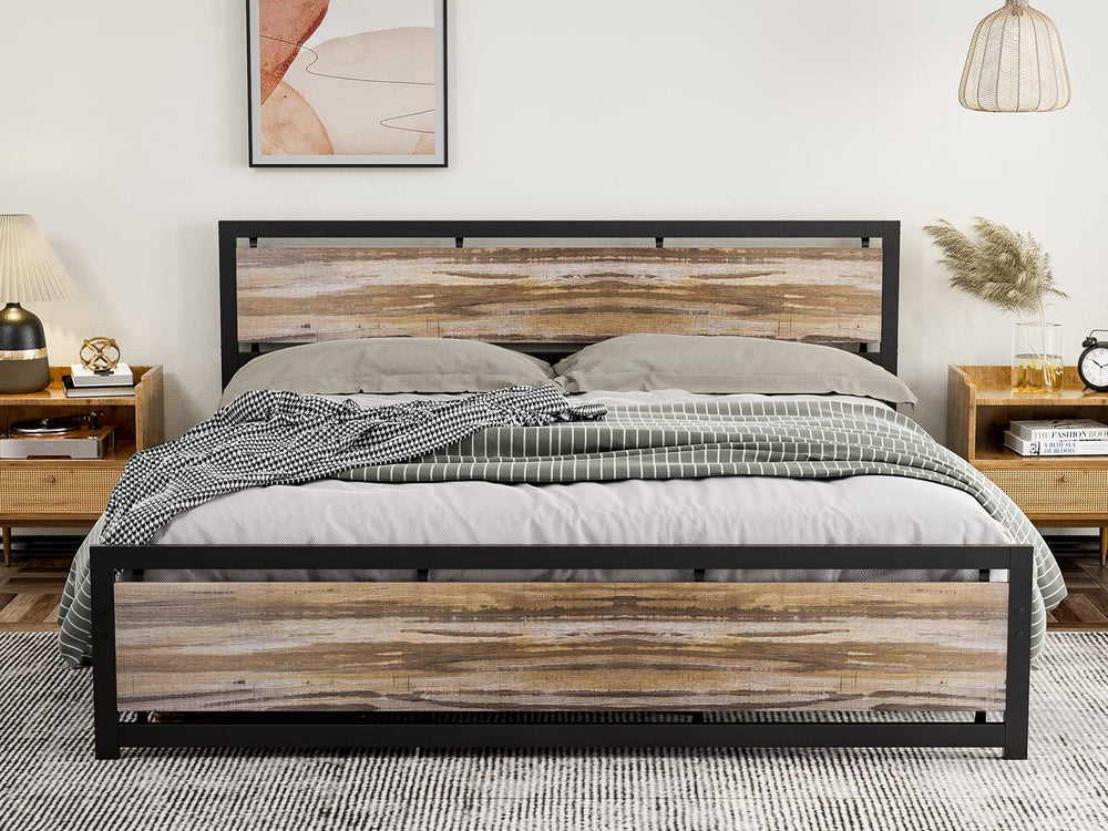 California King Metal Platform Bed Frame with Wooden Headboard – Industrial Style