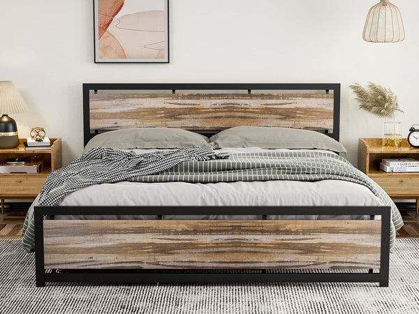 California King Metal Platform Bed Frame with Wooden Headboard – Industrial Style