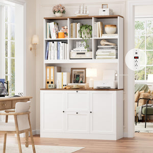 72-Inch Tall Bookcase with Power Outlet, File Drawers & Cabinet Doors